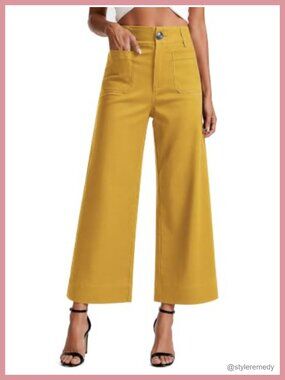 Women's High Waisted Cropped Wide Leg Work Pants Pockets Stretch